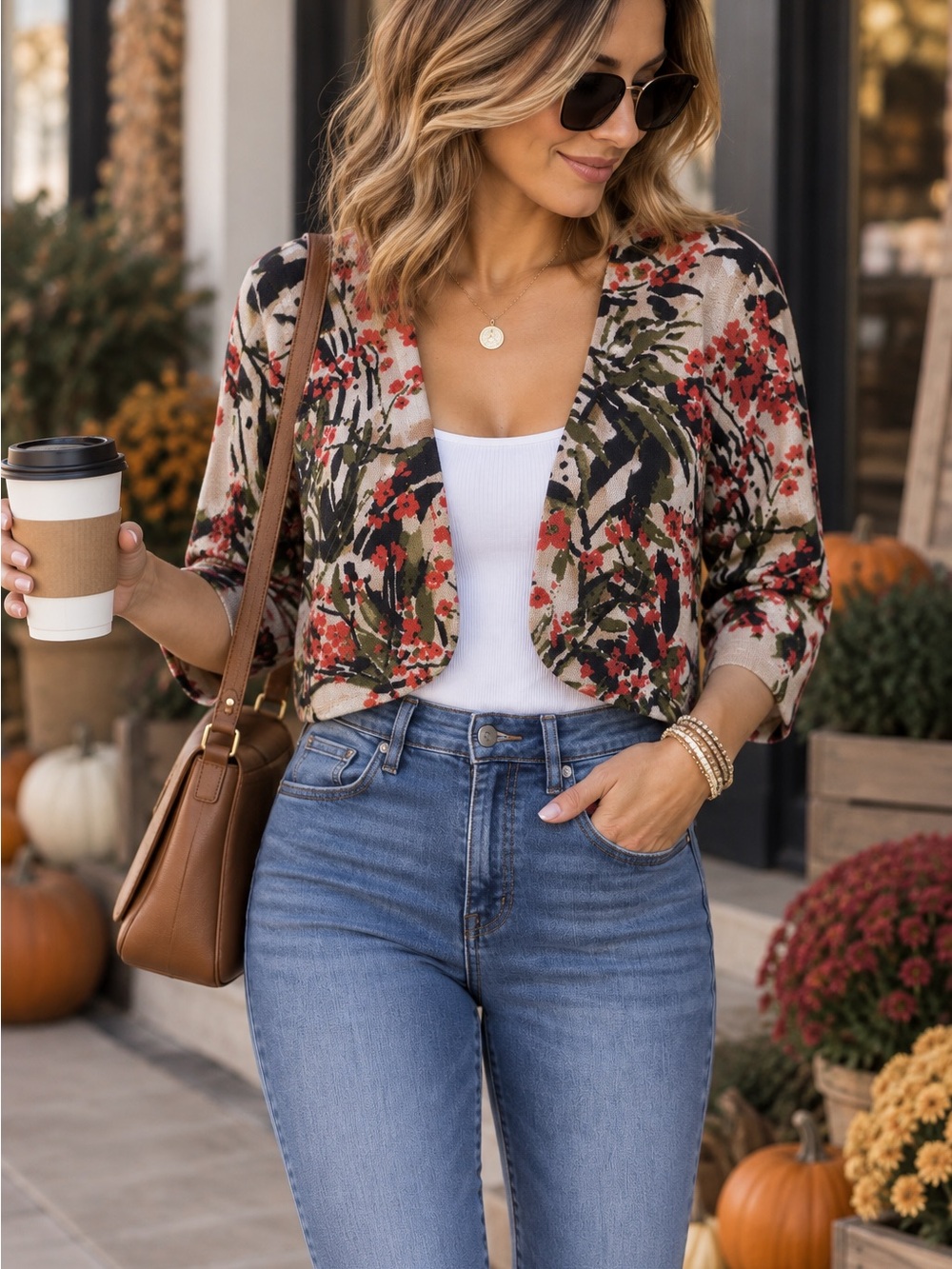 Joseph A Floral Cropped Blazer in Cream, Red & Green